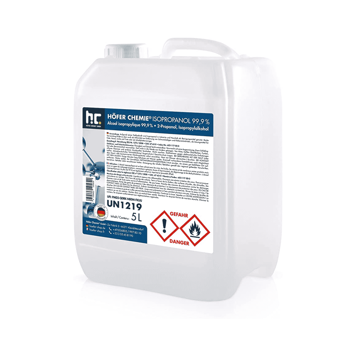 Höfer Alcool Isopropanol 99,9% 5L Solvant résine impression 3D
